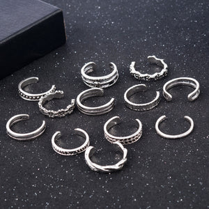 12PCs/set Women Lady Unique Adjustable Opening Finger Ring Retro Carved Toe Ring Foot Beach Foot Jewelry anillos mujer