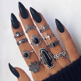 Docona Boho Finger Jewelry Crown Geometric Rhinestone Leaf Women Ring Sets Hollow Stacking Finger Rings Vintage Silver