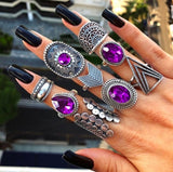 Docona Boho Finger Jewelry Crown Geometric Rhinestone Leaf Women Ring Sets Hollow Stacking Finger Rings Vintage Silver