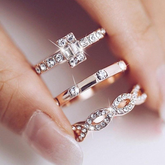 3Pcs/Set Women Lady Crystal Rose Gold Stackable Finger Boho Jewelry Rings