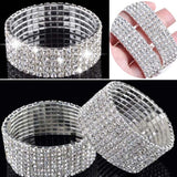 Fashion 4/5/8 Rows Full Crystal Rhinestone Elastic Bracelet Silver Golden Bangle Bling Wristband Women Wedding Bridal Jewelry