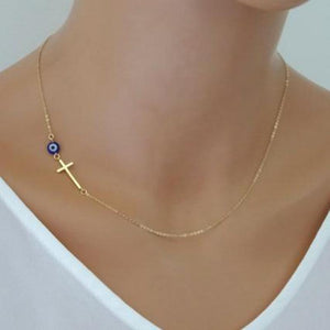 Women Sideways Gold Simple Cross Pendant Necklace Eyes Skinny Cross Celebrity Inspired Chain Necklace Bijoux Collar  Jewelry