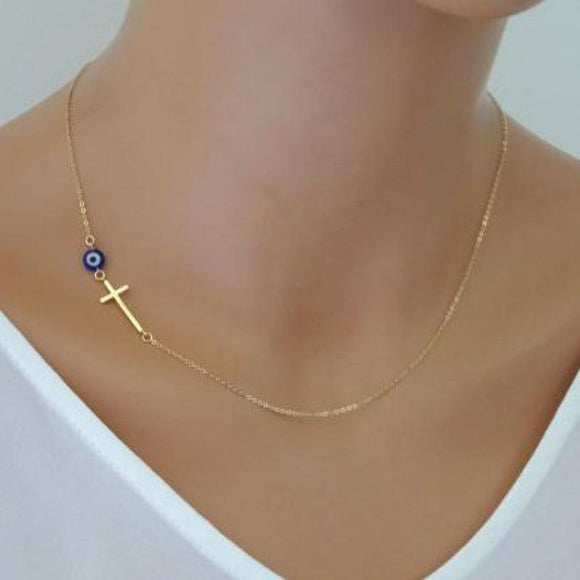 Women Sideways Gold Simple Cross Pendant Necklace Eyes Skinny Cross Celebrity Inspired Chain Necklace Bijoux Collar  Jewelry