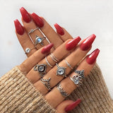 Docona Boho Finger Jewelry Crown Geometric Rhinestone Leaf Women Ring Sets Hollow Stacking Finger Rings Vintage Silver