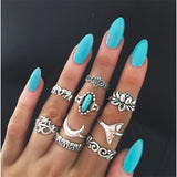 Docona Boho Finger Jewelry Crown Geometric Rhinestone Leaf Women Ring Sets Hollow Stacking Finger Rings Vintage Silver