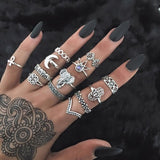 Docona Boho Finger Jewelry Crown Geometric Rhinestone Leaf Women Ring Sets Hollow Stacking Finger Rings Vintage Silver