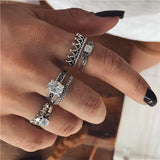 Docona Boho Finger Jewelry Crown Geometric Rhinestone Leaf Women Ring Sets Hollow Stacking Finger Rings Vintage Silver