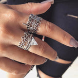 Docona Boho Finger Jewelry Crown Geometric Rhinestone Leaf Women Ring Sets Hollow Stacking Finger Rings Vintage Silver