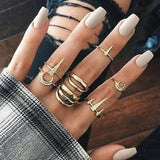 Docona Boho Finger Jewelry Crown Geometric Rhinestone Leaf Women Ring Sets Hollow Stacking Finger Rings Vintage Silver