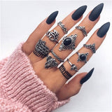 Docona Boho Finger Jewelry Crown Geometric Rhinestone Leaf Women Ring Sets Hollow Stacking Finger Rings Vintage Silver