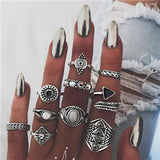 Docona Boho Finger Jewelry Crown Geometric Rhinestone Leaf Women Ring Sets Hollow Stacking Finger Rings Vintage Silver