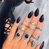 Docona Boho Finger Jewelry Crown Geometric Rhinestone Leaf Women Ring Sets Hollow Stacking Finger Rings Vintage Silver