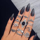 Docona Boho Finger Jewelry Crown Geometric Rhinestone Leaf Women Ring Sets Hollow Stacking Finger Rings Vintage Silver