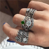 Docona Boho Finger Jewelry Crown Geometric Rhinestone Leaf Women Ring Sets Hollow Stacking Finger Rings Vintage Silver