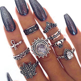 Docona Boho Finger Jewelry Crown Geometric Rhinestone Leaf Women Ring Sets Hollow Stacking Finger Rings Vintage Silver