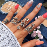 Docona Boho Finger Jewelry Crown Geometric Rhinestone Leaf Women Ring Sets Hollow Stacking Finger Rings Vintage Silver