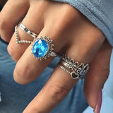 Docona Boho Finger Jewelry Crown Geometric Rhinestone Leaf Women Ring Sets Hollow Stacking Finger Rings Vintage Silver