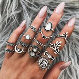 Docona Boho Finger Jewelry Crown Geometric Rhinestone Leaf Women Ring Sets Hollow Stacking Finger Rings Vintage Silver