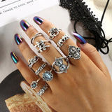 Docona Boho Finger Jewelry Crown Geometric Rhinestone Leaf Women Ring Sets Hollow Stacking Finger Rings Vintage Silver