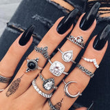 Docona Boho Finger Jewelry Crown Geometric Rhinestone Leaf Women Ring Sets Hollow Stacking Finger Rings Vintage Silver