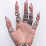 Docona Boho Finger Jewelry Crown Geometric Rhinestone Leaf Women Ring Sets Hollow Stacking Finger Rings Vintage Silver