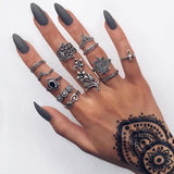 Docona Boho Finger Jewelry Crown Geometric Rhinestone Leaf Women Ring Sets Hollow Stacking Finger Rings Vintage Silver