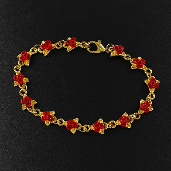 Rose Leaf Bracelet Red Rose Leaf Bracelet Flower Alloy Design String Bracelet Jewelry