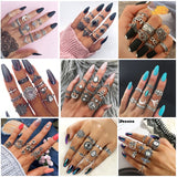 Docona Boho Finger Jewelry Crown Geometric Rhinestone Leaf Women Ring Sets Hollow Stacking Finger Rings Vintage Silver